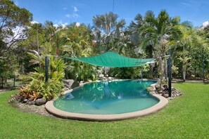 Piscina rodeada de exuberante vegetación tropical y un dosel verde.