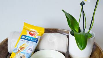 A wooden tray with a pet food bag, a white bowl with a paw print, and a potted orchid.