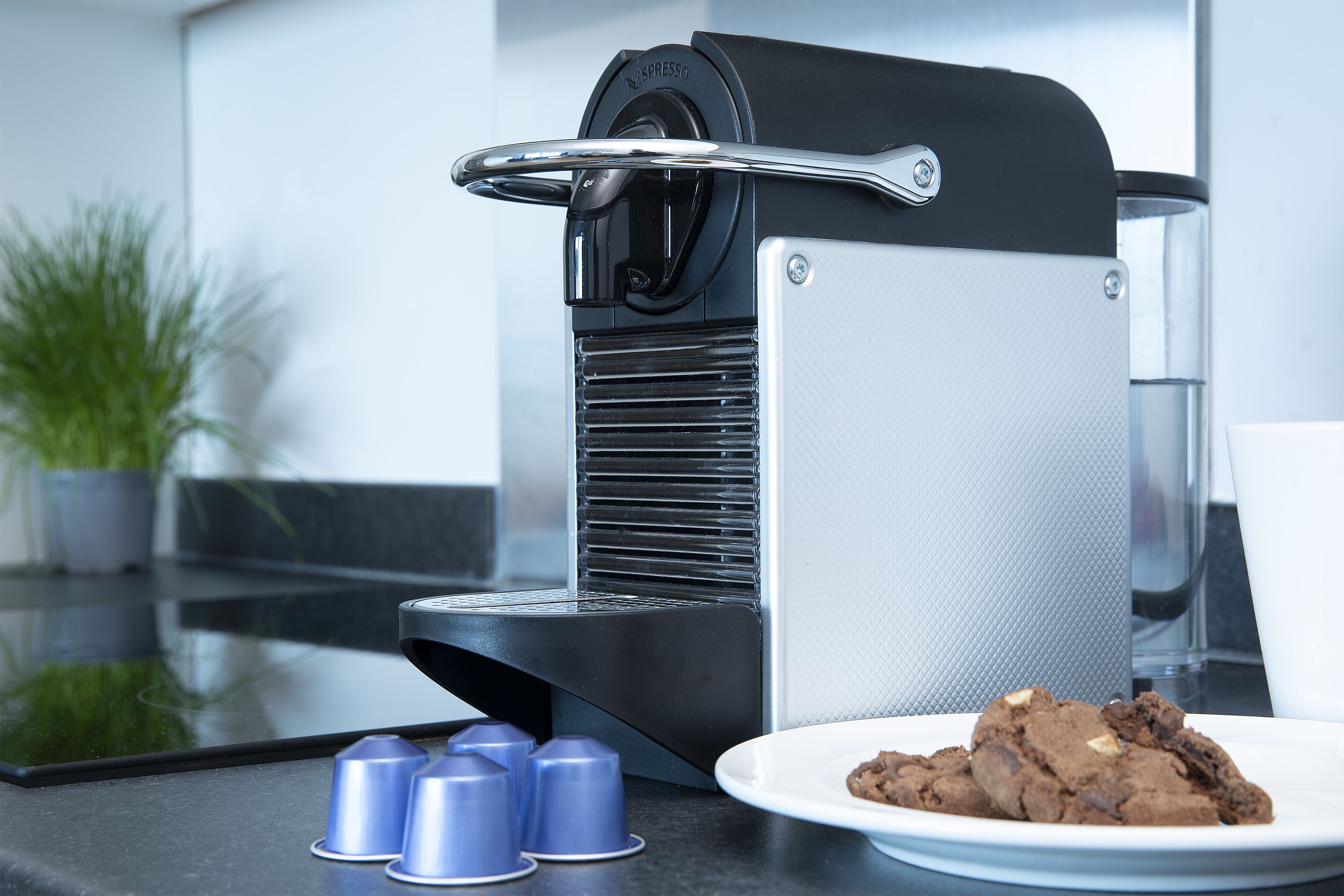 Eine moderne Küche mit Kaffeemaschine, einer Teller Kekse und einem Blumentopf.