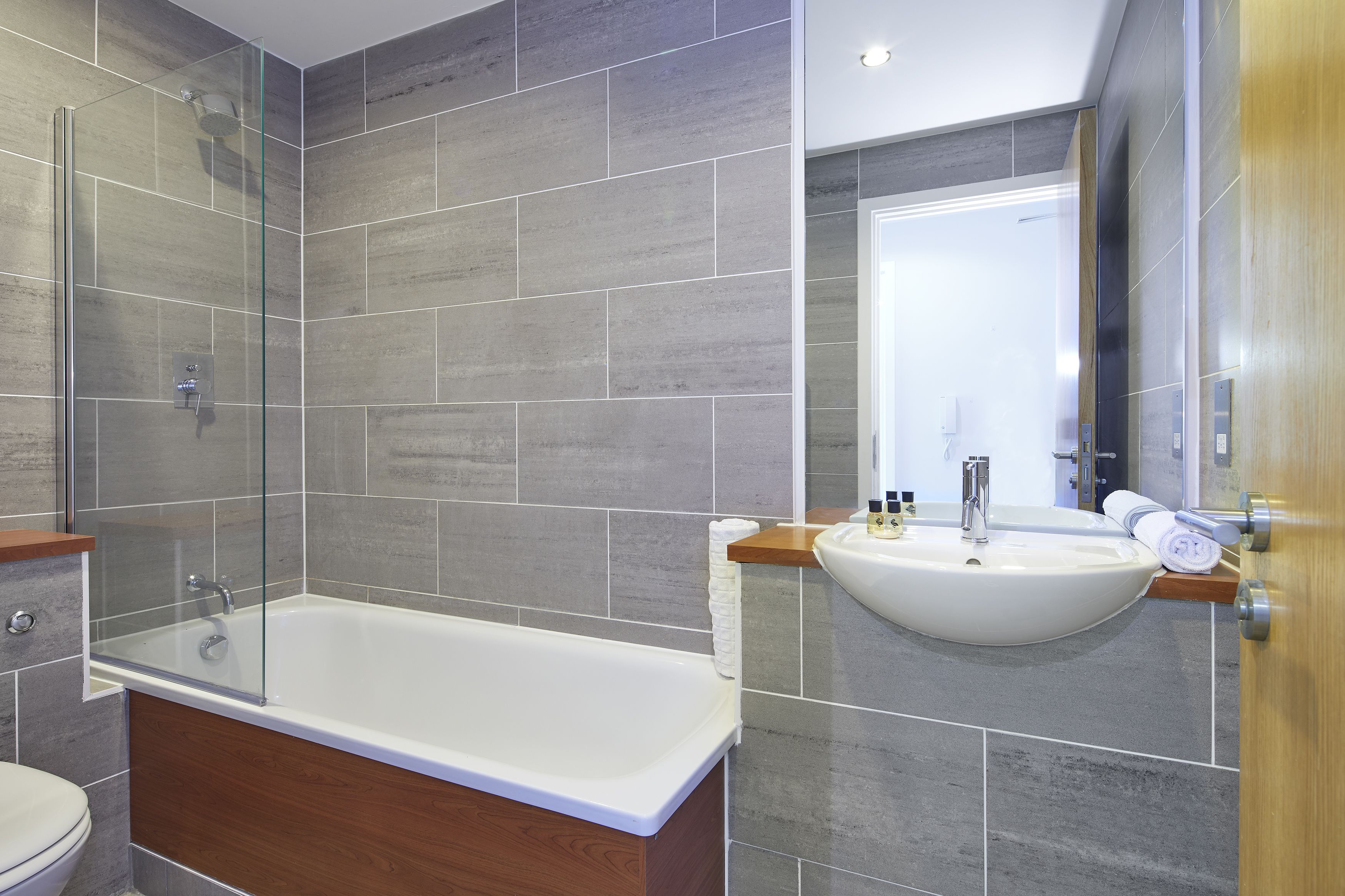 Combined shower/bathtub, free toiletries, hair dryer, towels
