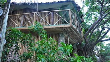 Una estructura de madera con balcón, rodeada de follaje y árboles frondosos.