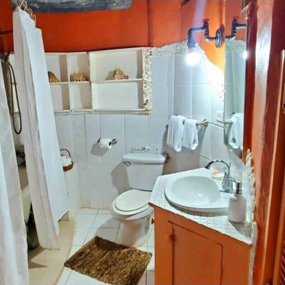 A bathroom with a toilet, sink, and mirror. There are shelves above the toilet and a shower curtain partially open.