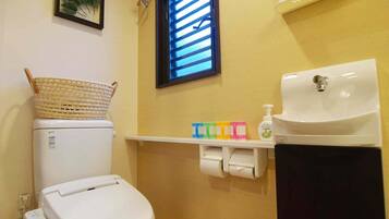 Shower, rainfall showerhead, hair dryer, slippers