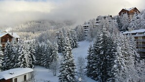 A snow-covered resort with multiple buildings, a ski slope, and dense evergreen trees. - Relais des Alpes (Sauze d'Oulx)