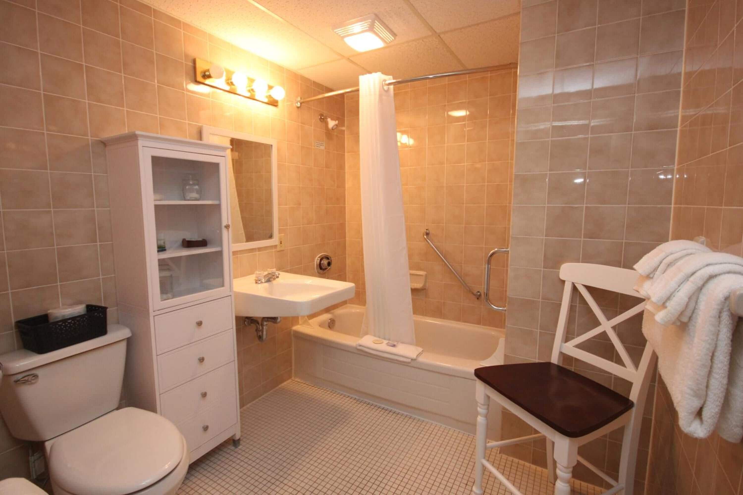combined shower/bathtub, free toiletries, hair dryer, towels