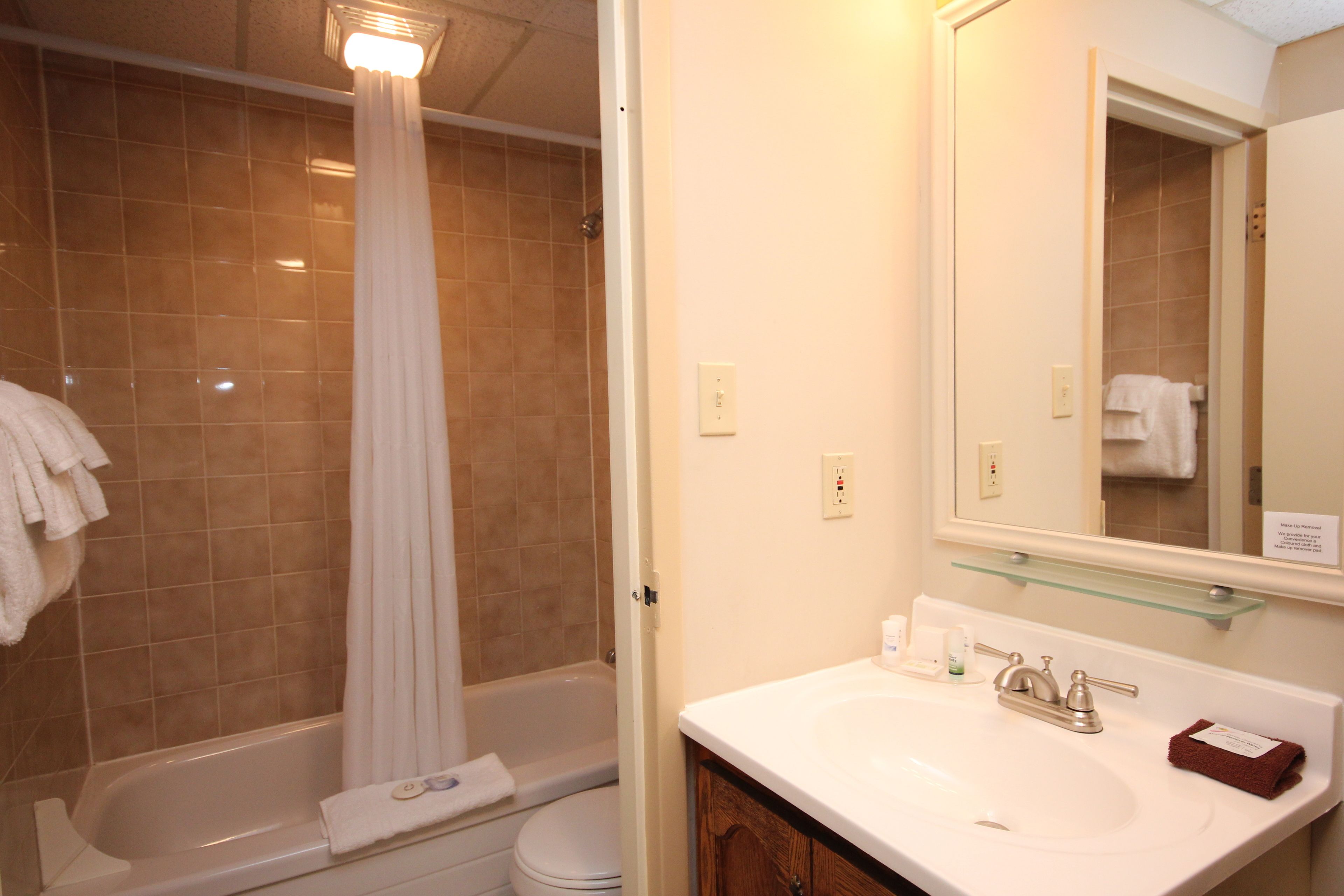 combined shower/bathtub, free toiletries, hair dryer, towels