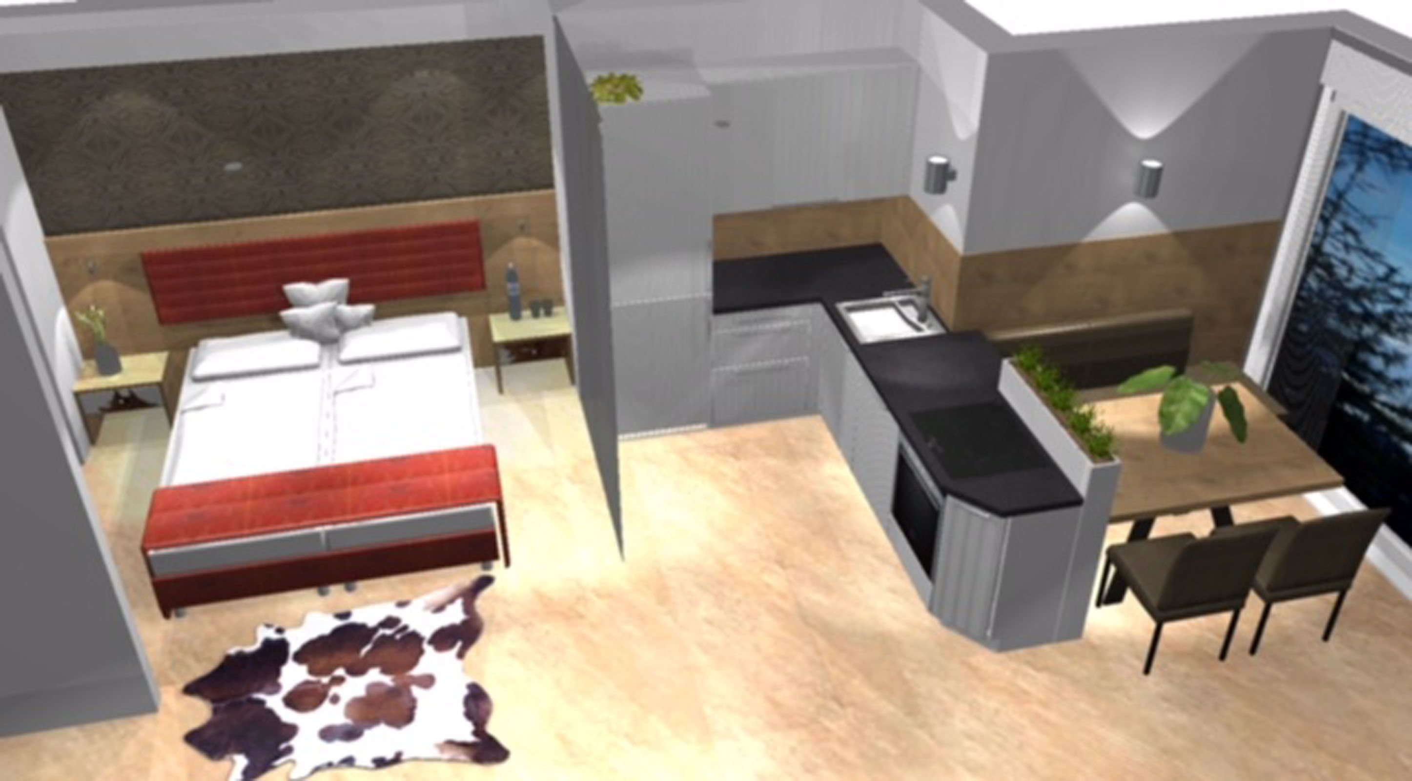 Ein modernes Interieur mit einem Bett, einem Essbereich und einer Küche.