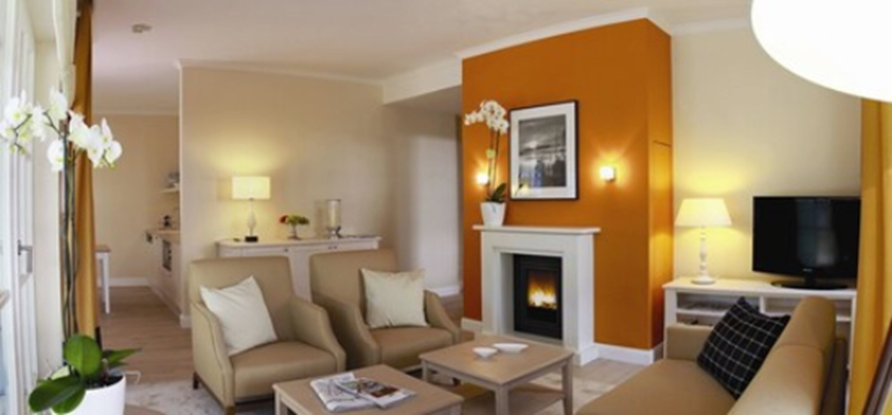 A living room with a fireplace, two sofas, a coffee table, and a television.
