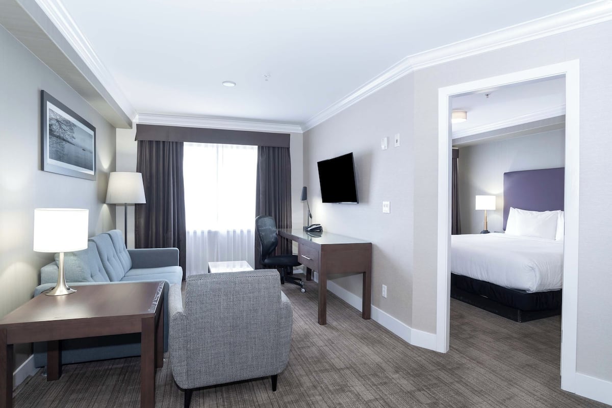 A hotel room with a bed, a desk, a chair, a sofa, a TV, and a window with curtains.