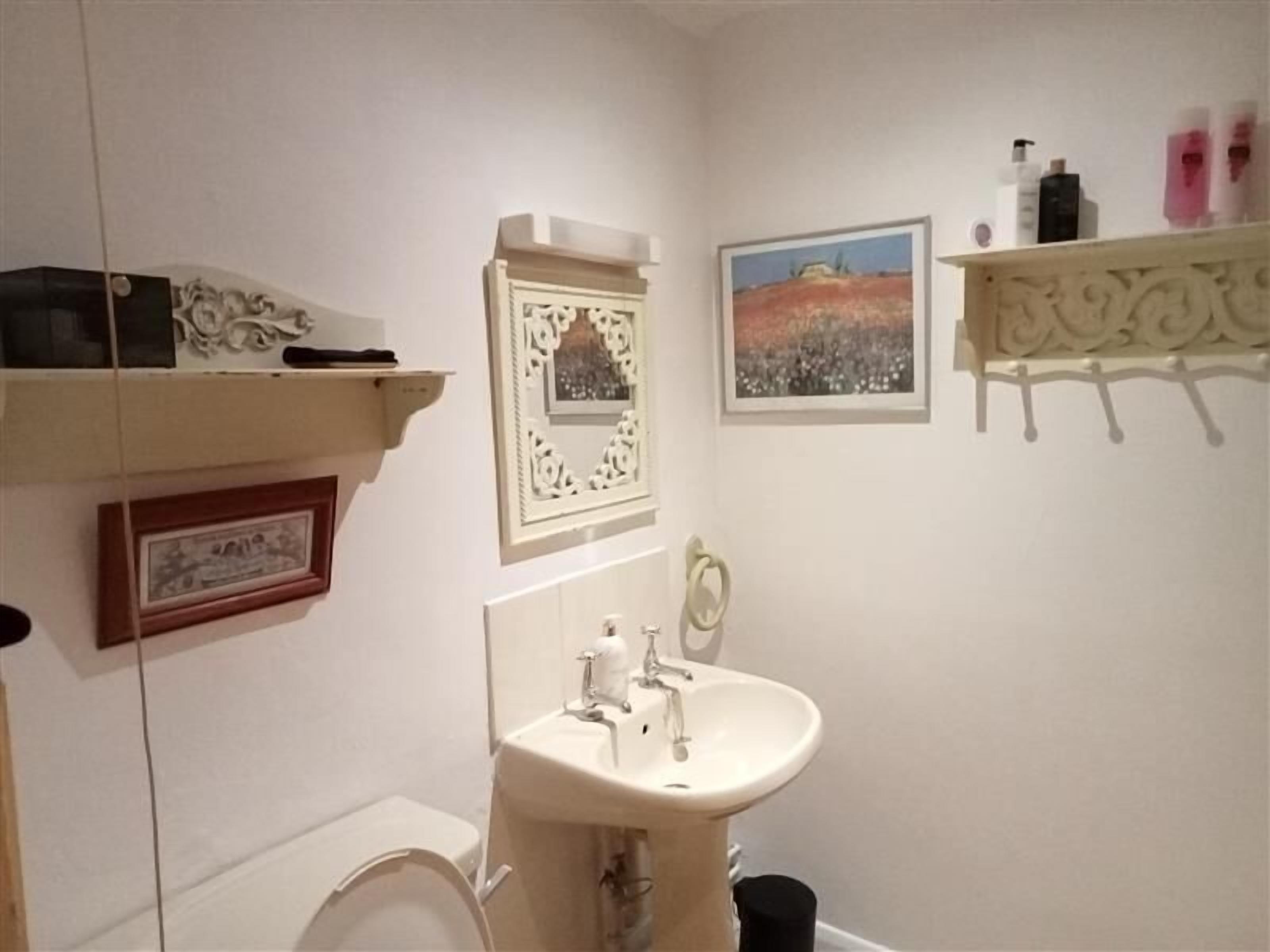 Une salle de bain avec un lavabo, des toilettes et des étagères ornées de tableaux encadrés.