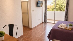 Ein Hotelzimmer mit einem Bett, einem Fernseher, einer Schiebetür zum Fenster, einem Tisch mit einer Pflanze und einem Sessel.