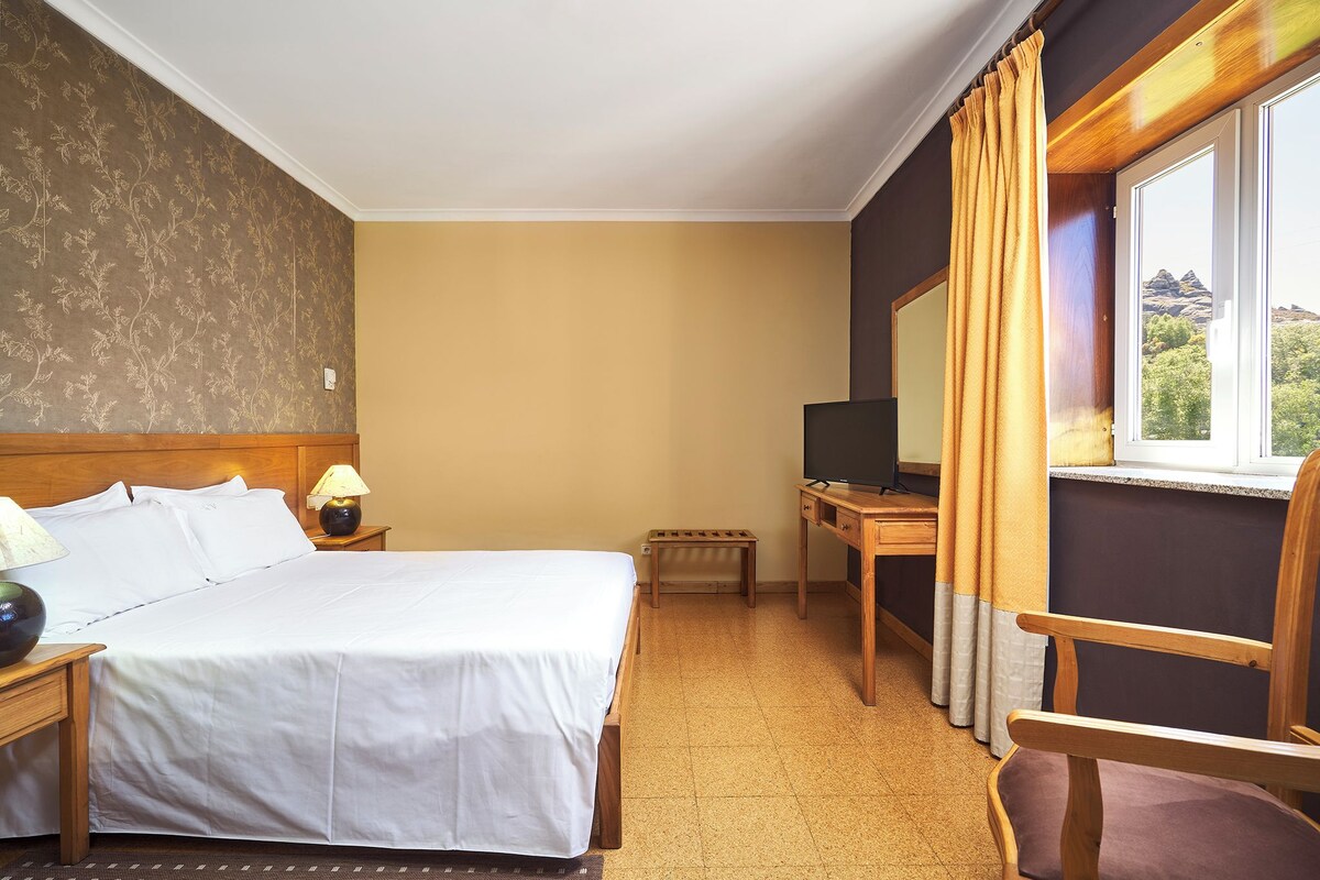 Une chambre d’hôtel équipée d’un lit, d’un bureau, d’une chaise, d’une télévision et d’une fenêtre avec des rideaux.