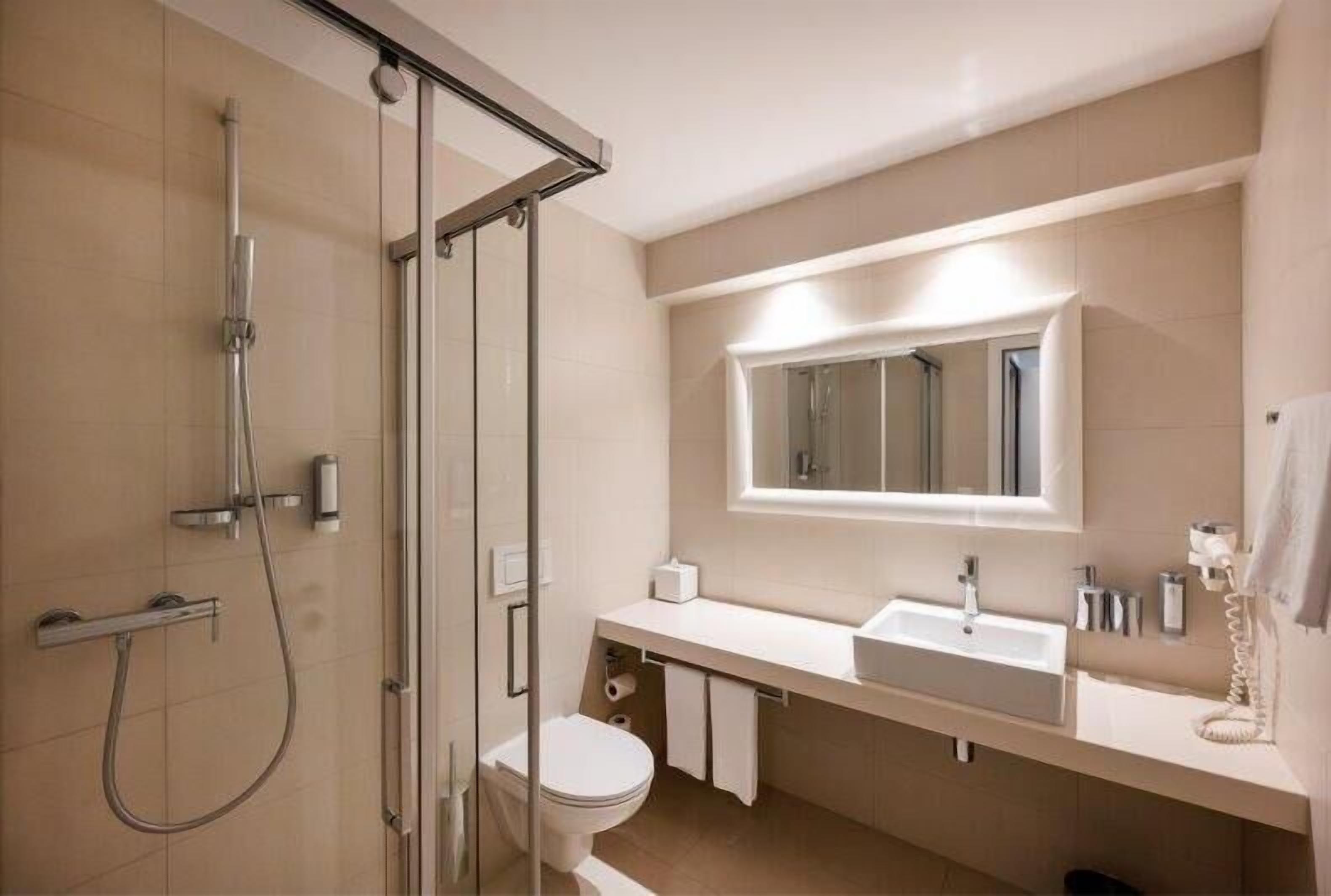 A modern bathroom with a glass shower enclosure, a toilet, a sink, and a mirror above the sink.