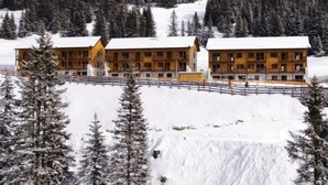 A lodge with a wooden exterior, multiple rooms, and a snowy mountain backdrop. - Sissi Park (Oberwölz)