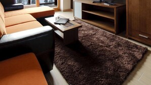 A modern living room with a sofa, a coffee table, a TV, and a view of a snowy landscape through large windows. - Sissi Park (Oberwölz)