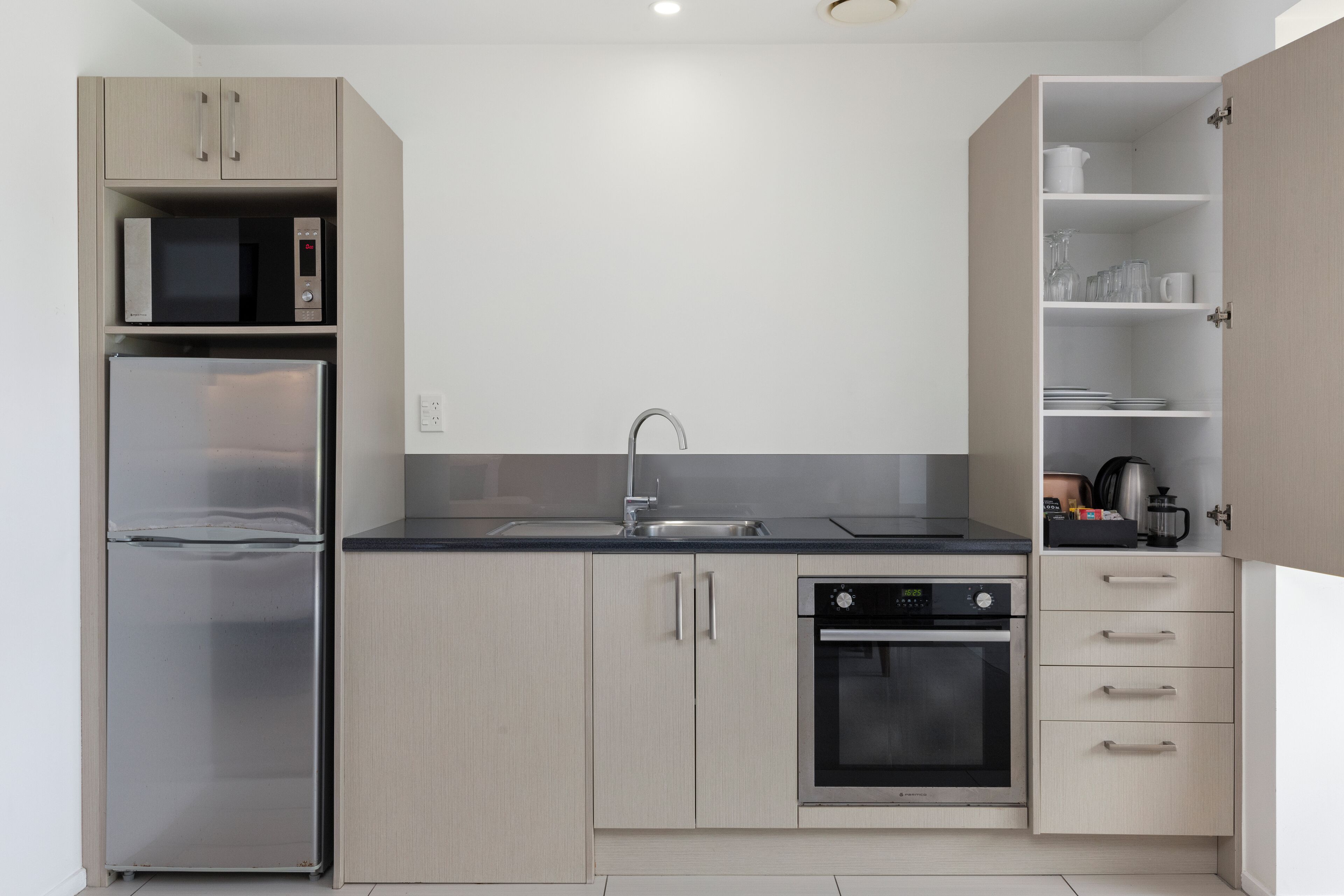 fridge, microwave, electric kettle