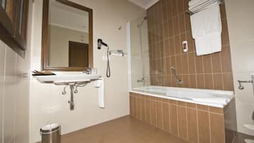 Hair dryer, towels, soap, shampoo