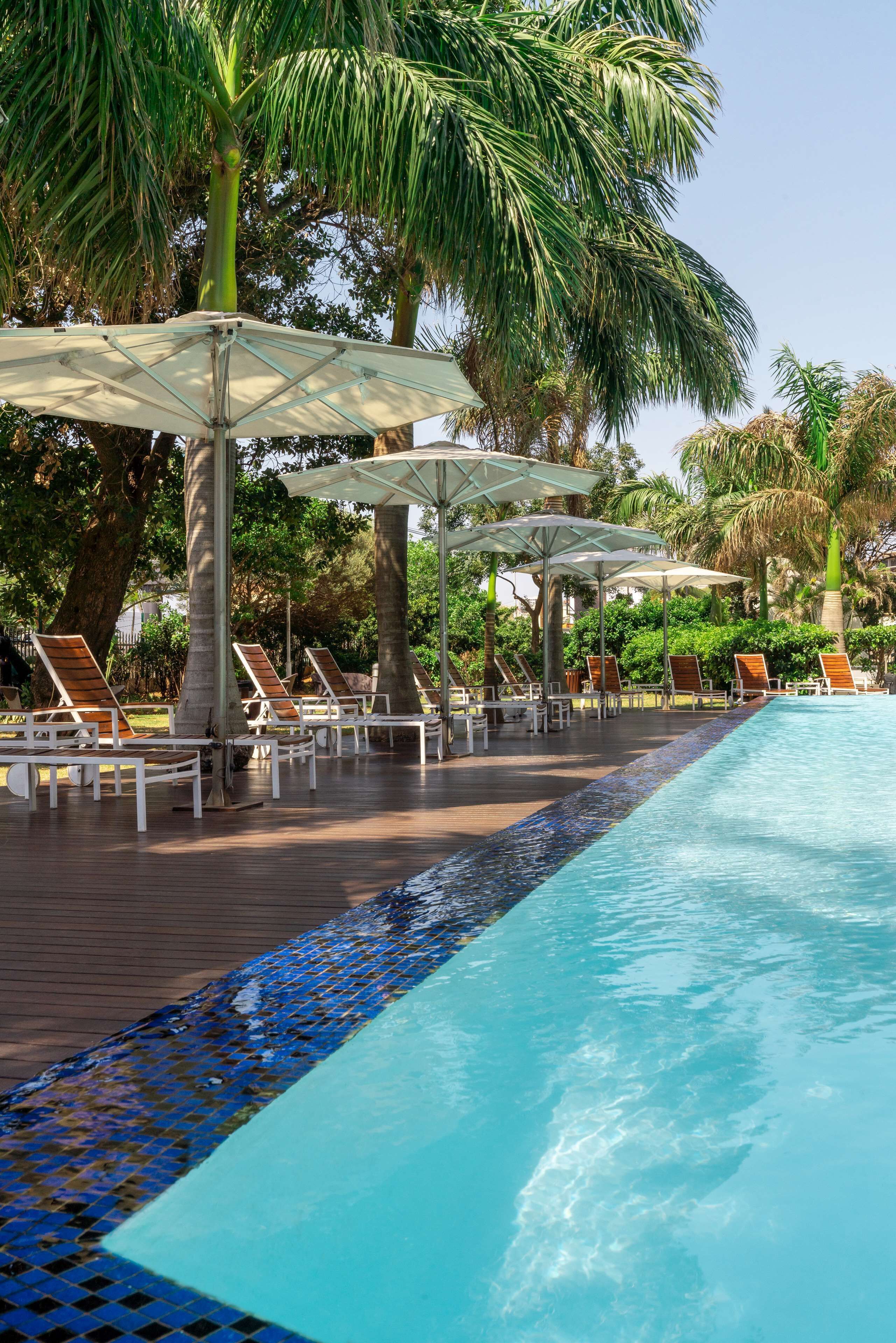 A poolside area with lounge chairs and umbrellas, surrounded by palm trees.