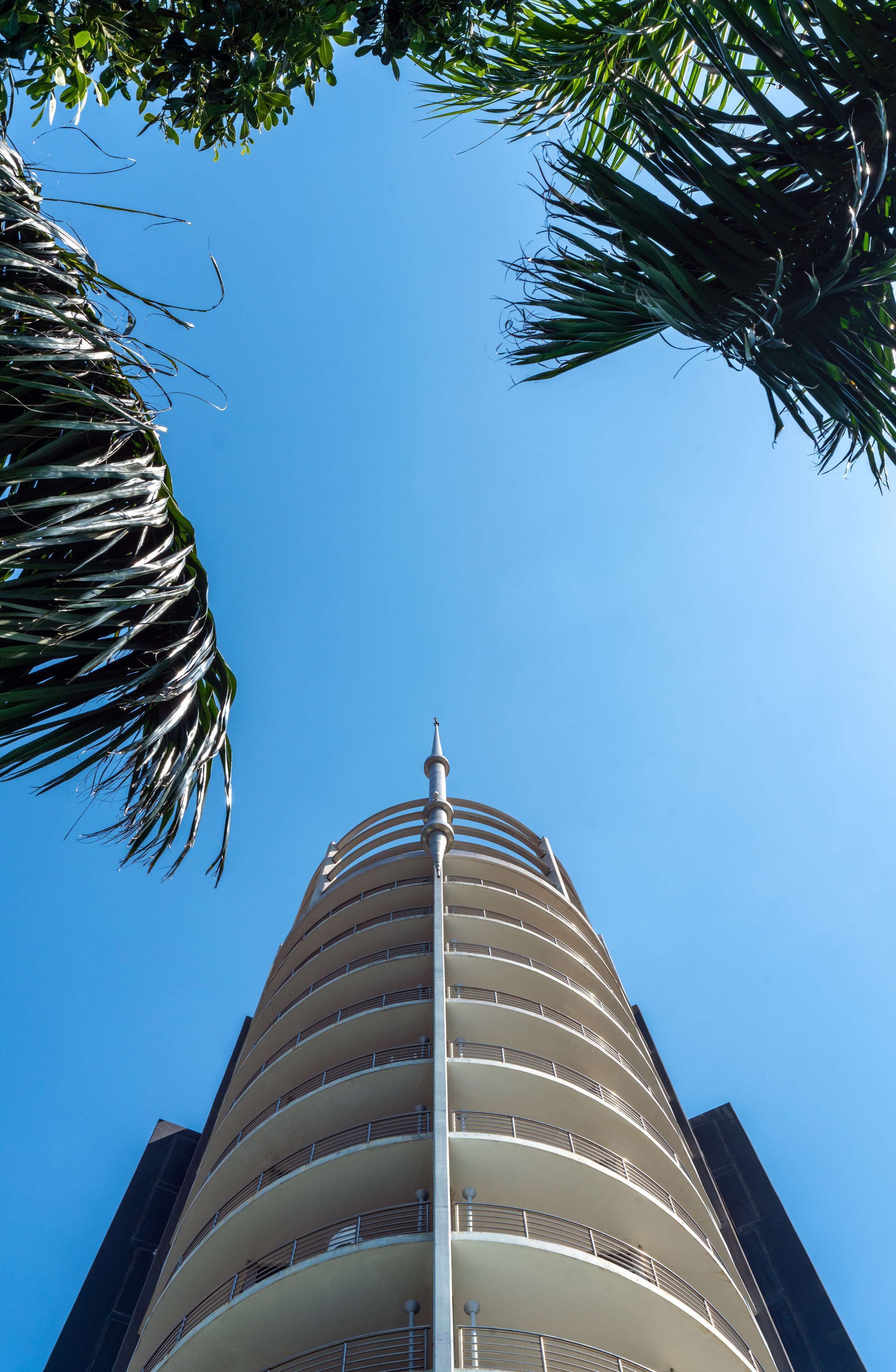 Un edificio alto y cilíndrico con varios balcones, rodeado de palmeras.
