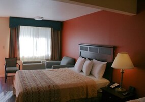 Una habitación de hotel con cama, mesita de noche, lámpara, silla y ventana con cortinas.