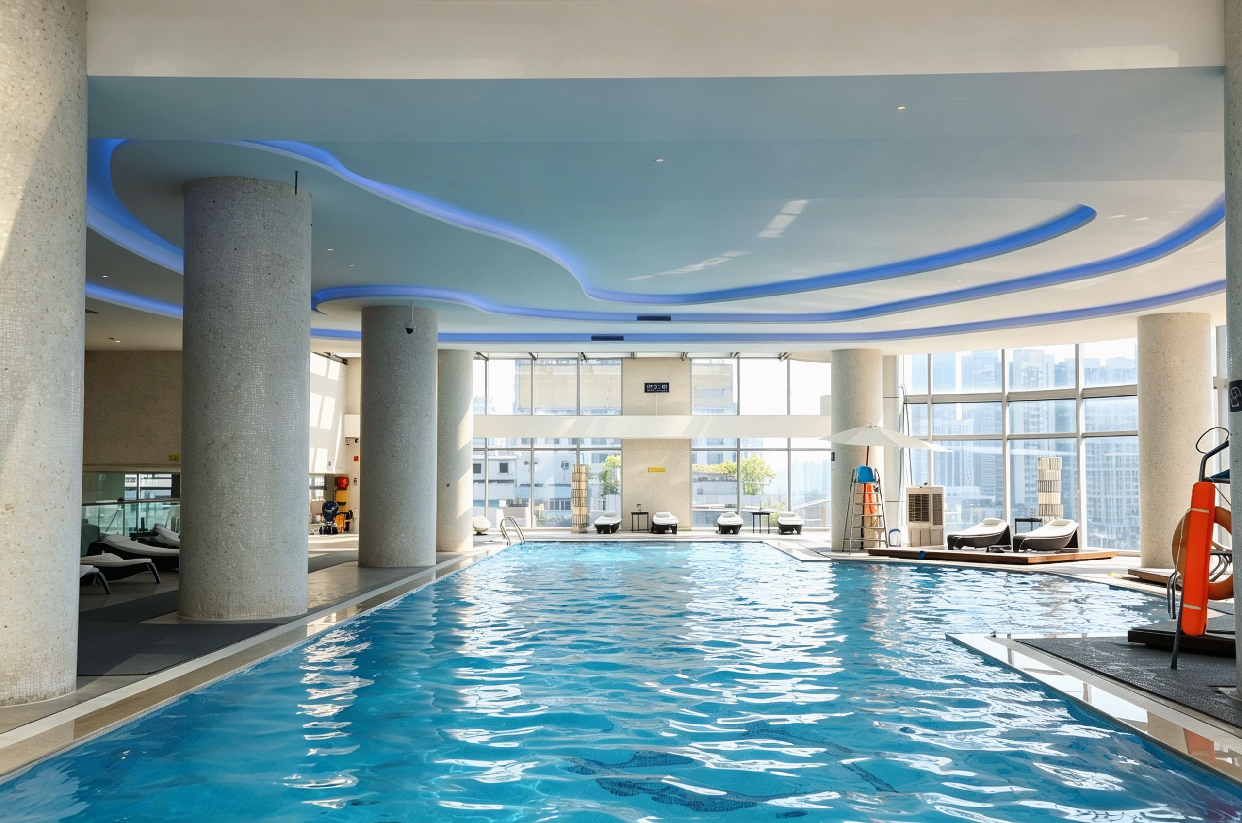 An indoor swimming pool with clear blue water, surrounded by lounge chairs and sunbeds, with large windows offering a view of the cityscape.