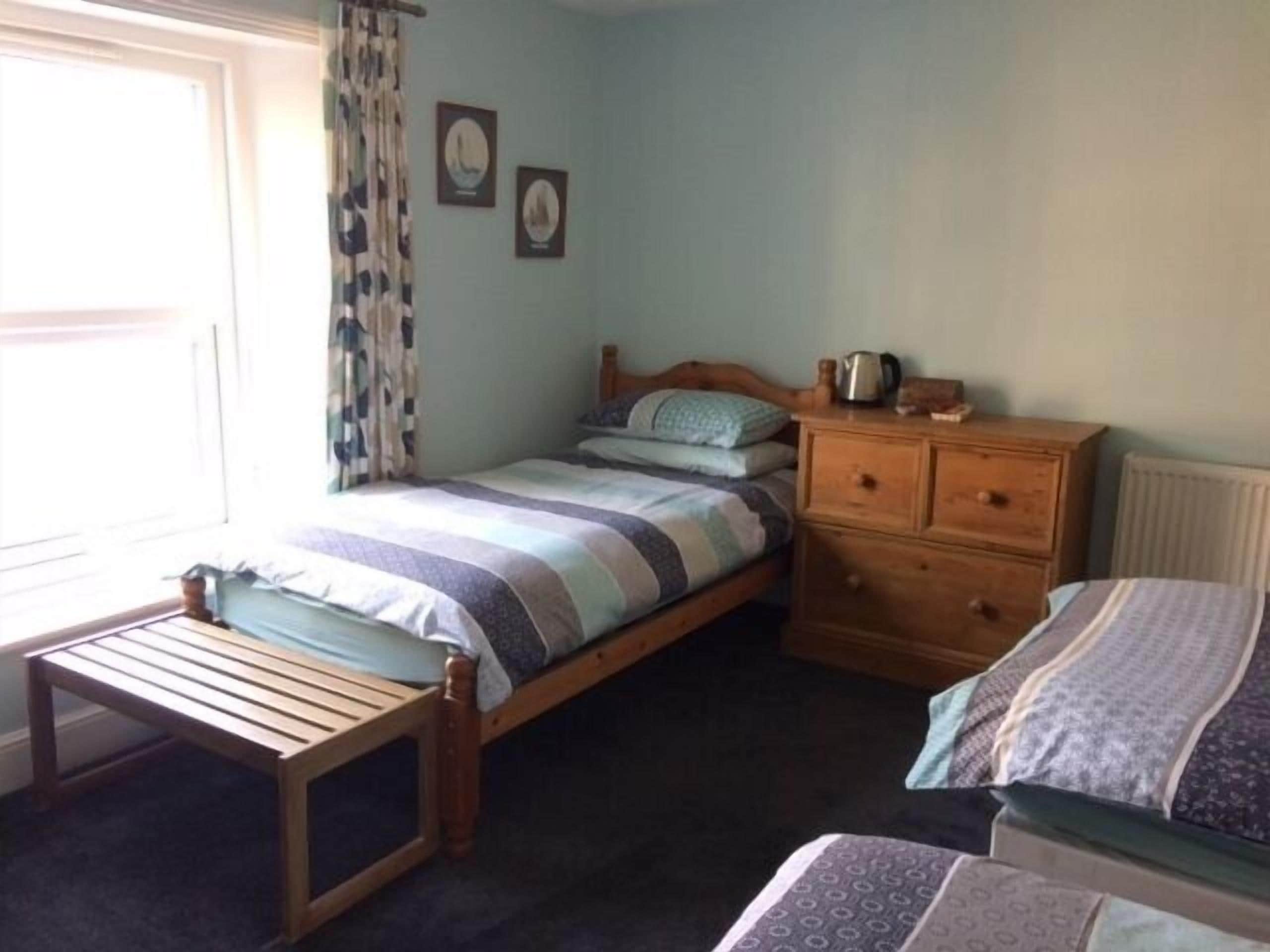 A bedroom with a single bed, a wooden nightstand, a dresser, and a window with curtains.