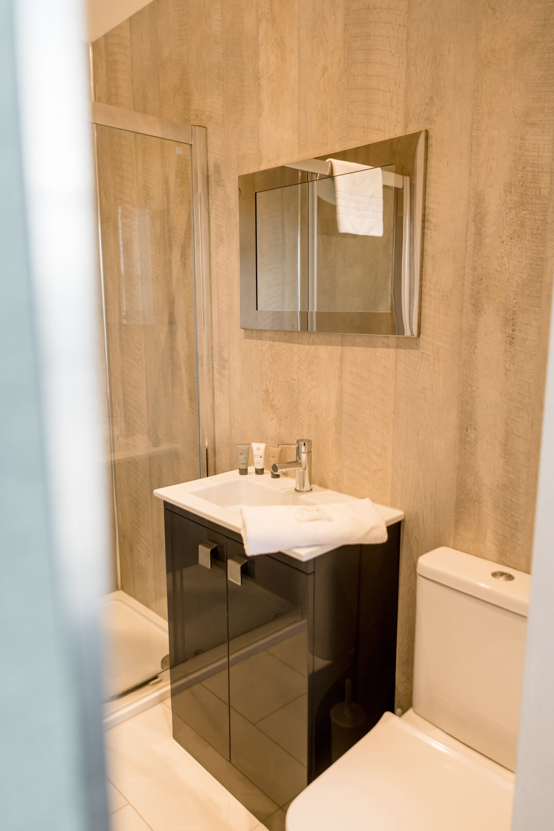 A bathroom with a glass shower enclosure, a white sink with a mirror above it, and a toilet.