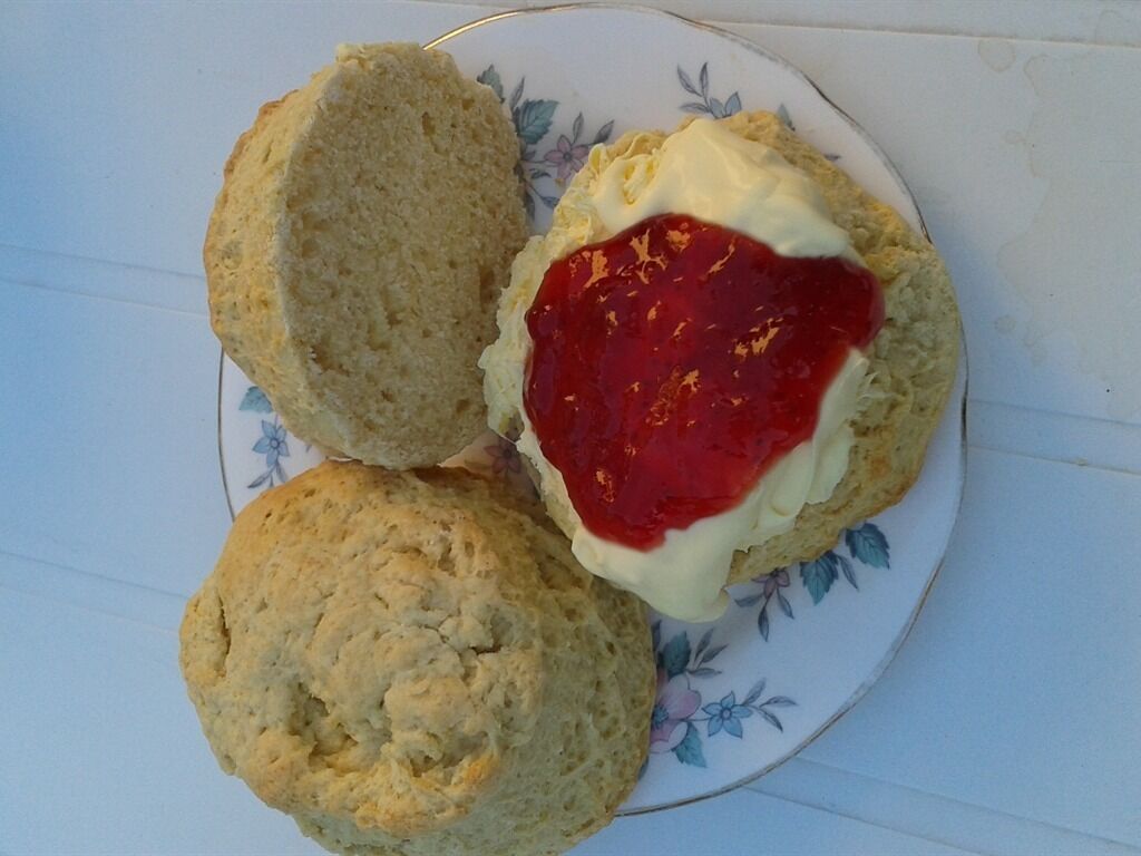 Three scones with jam and cream on a floral plate.