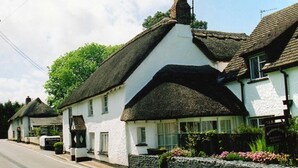 A traditional white building with a thatched roof, a stone wall, and a sign indicating it is a pub. - Southern Cross Guest House (Sidmouth)