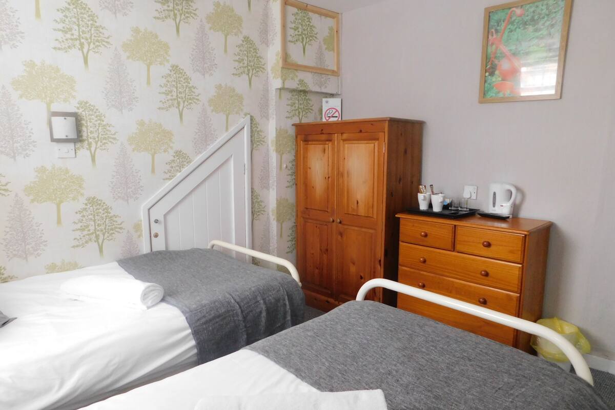 Een slaapkamer met twee bedden, een houten garderobe en een klein tafeltje met een waterkoker.