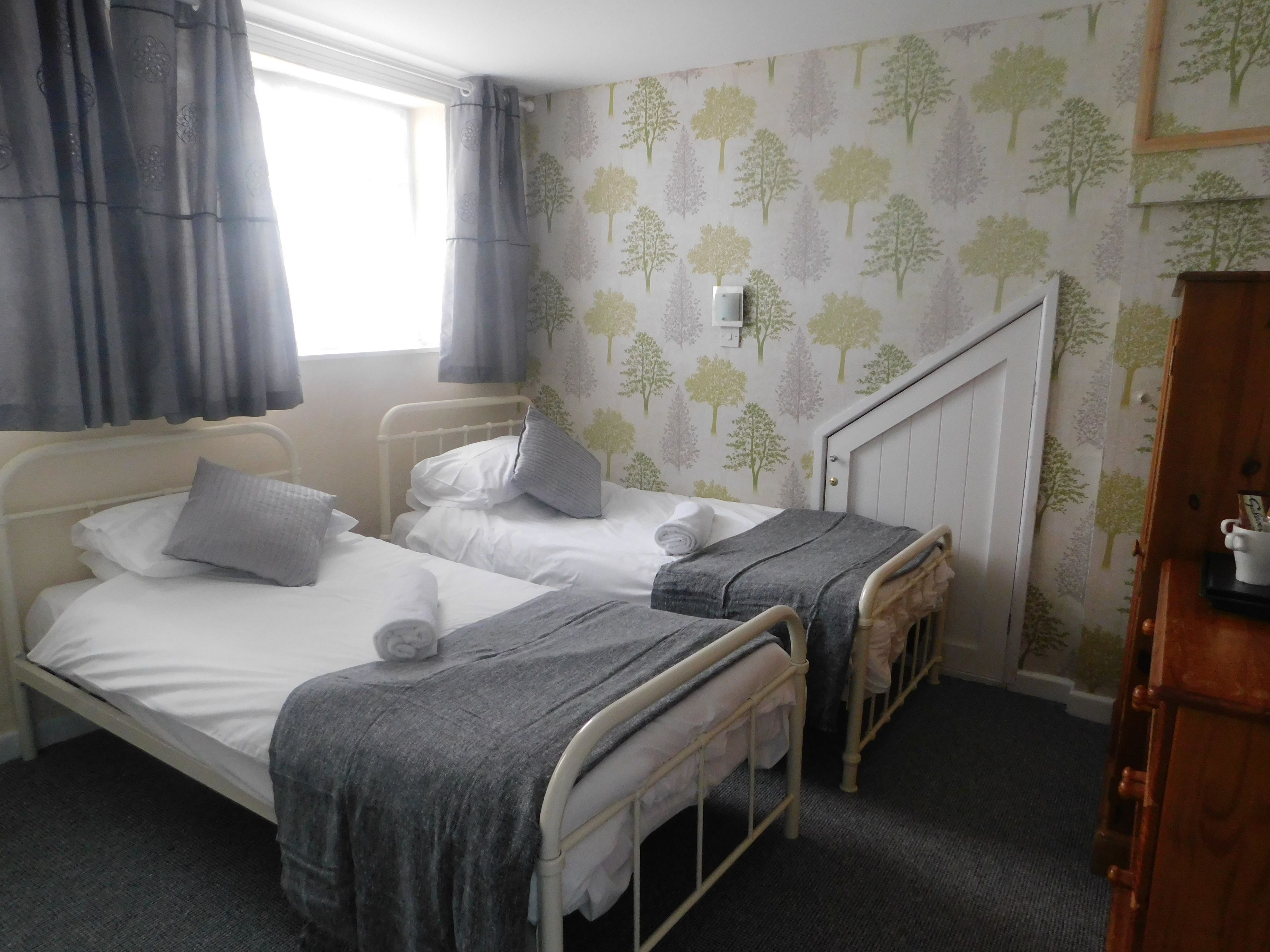 A twin room with two single beds, a window with curtains, a wall with tree-pattern wallpaper, and a wooden dresser.