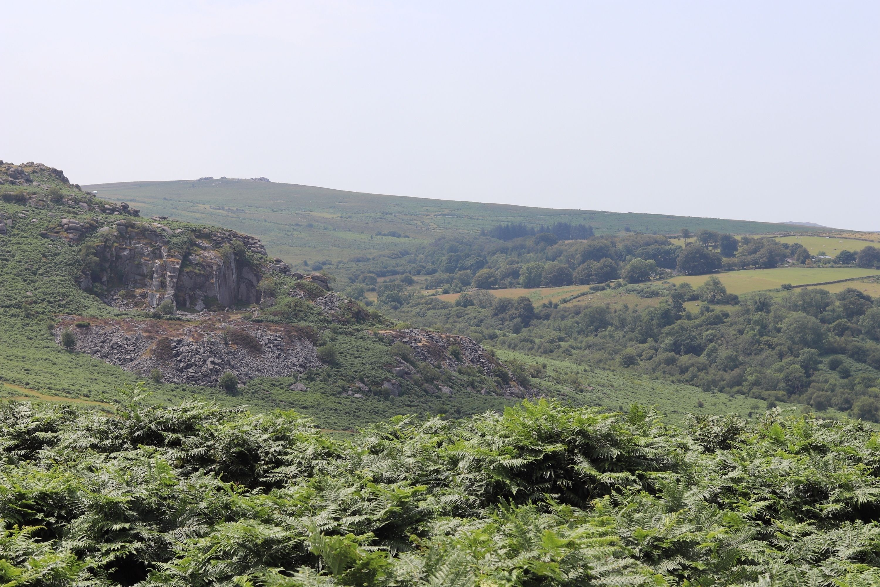 A natural landscape with rolling hills, dense greenery, and a rocky outcrop.