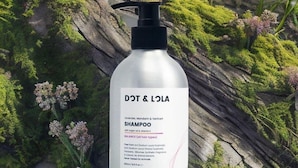 Uma garrafa do champô DOT & LOLA com lavanda, mandarim e vertvert, sem ingredientes de origem animal, com tamanho de 250ml.