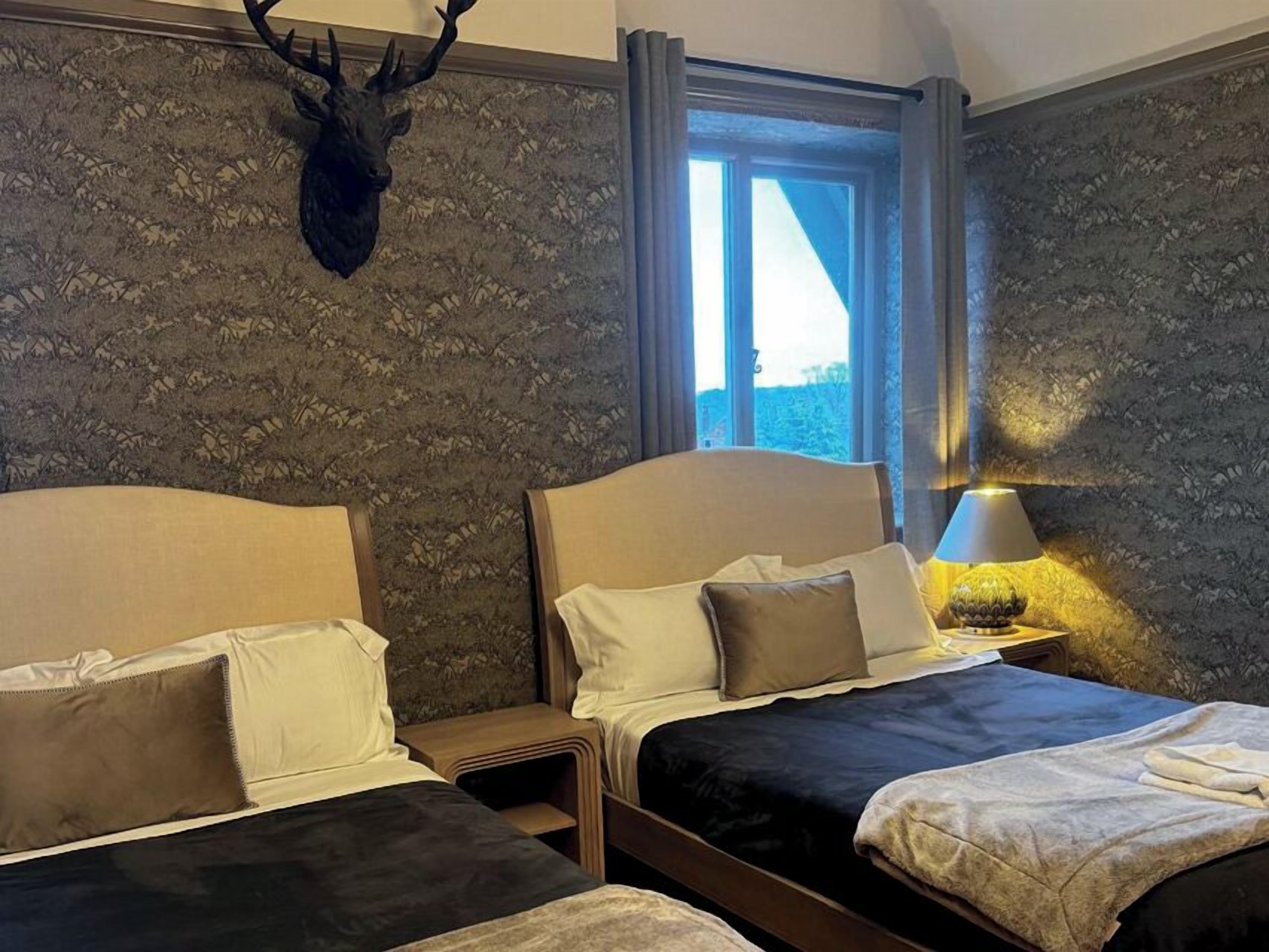 Habitación de hotel con dos camas, cabeza de venado montada en la pared y una ventana con cortinas.