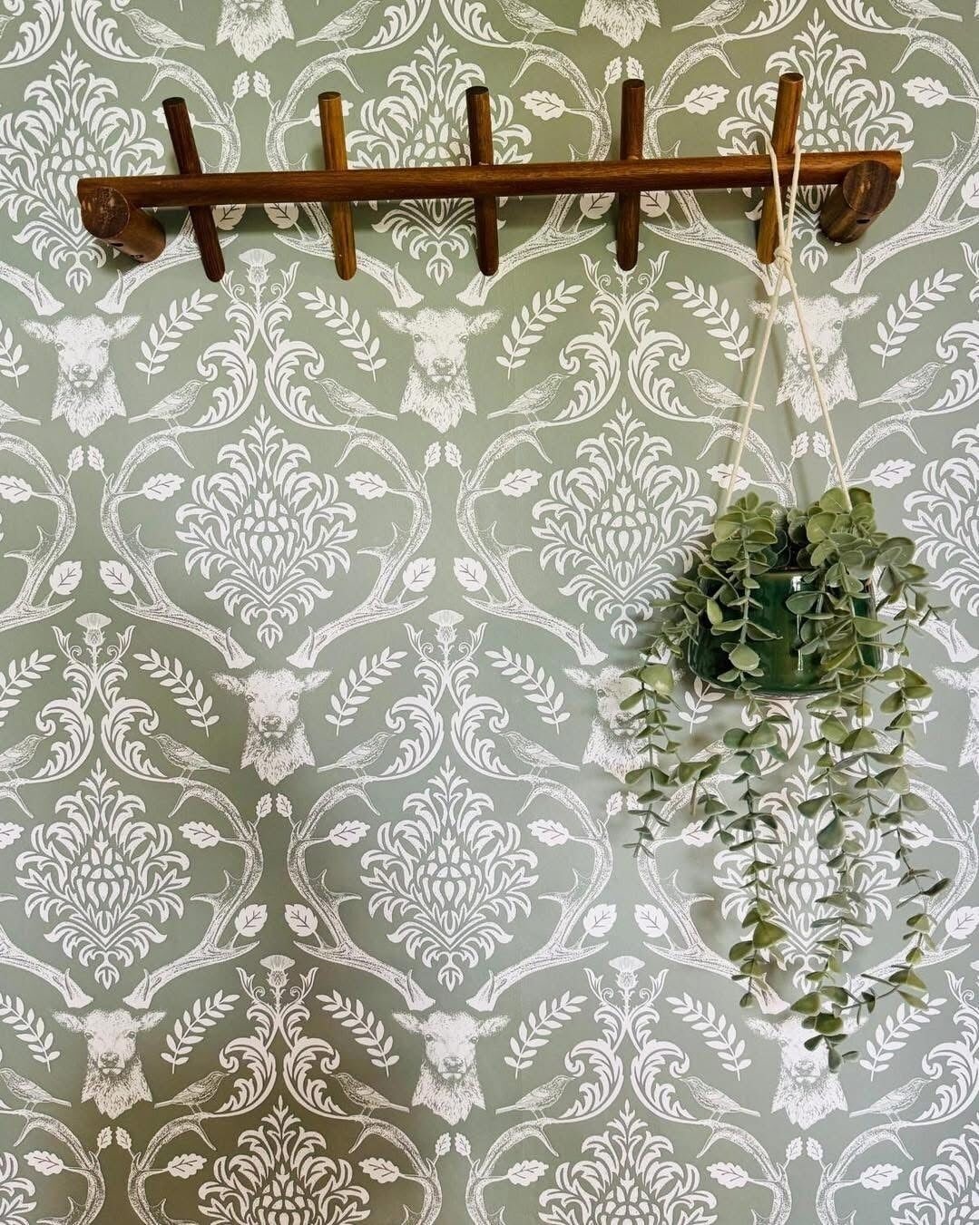 A wall with a decorative damask pattern and a wooden coat rack with a hanging plant.