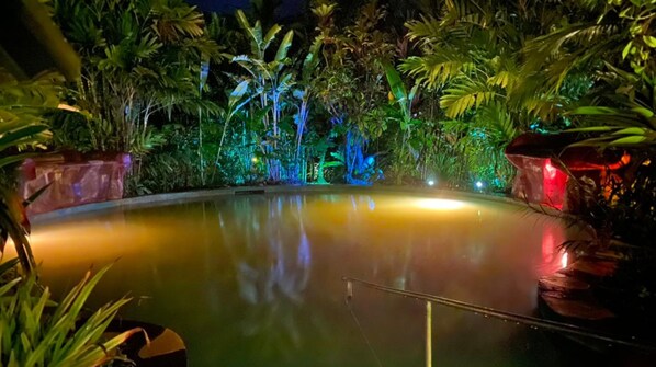 A nighttime view of a pool surrounded by lush tropical plants, illuminated by colorful lights. - Blue River Resort & Hot Springs (Guayabo)