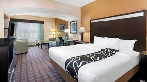 A hotel room with a bed, desk, chair, TV, and a view of the city.