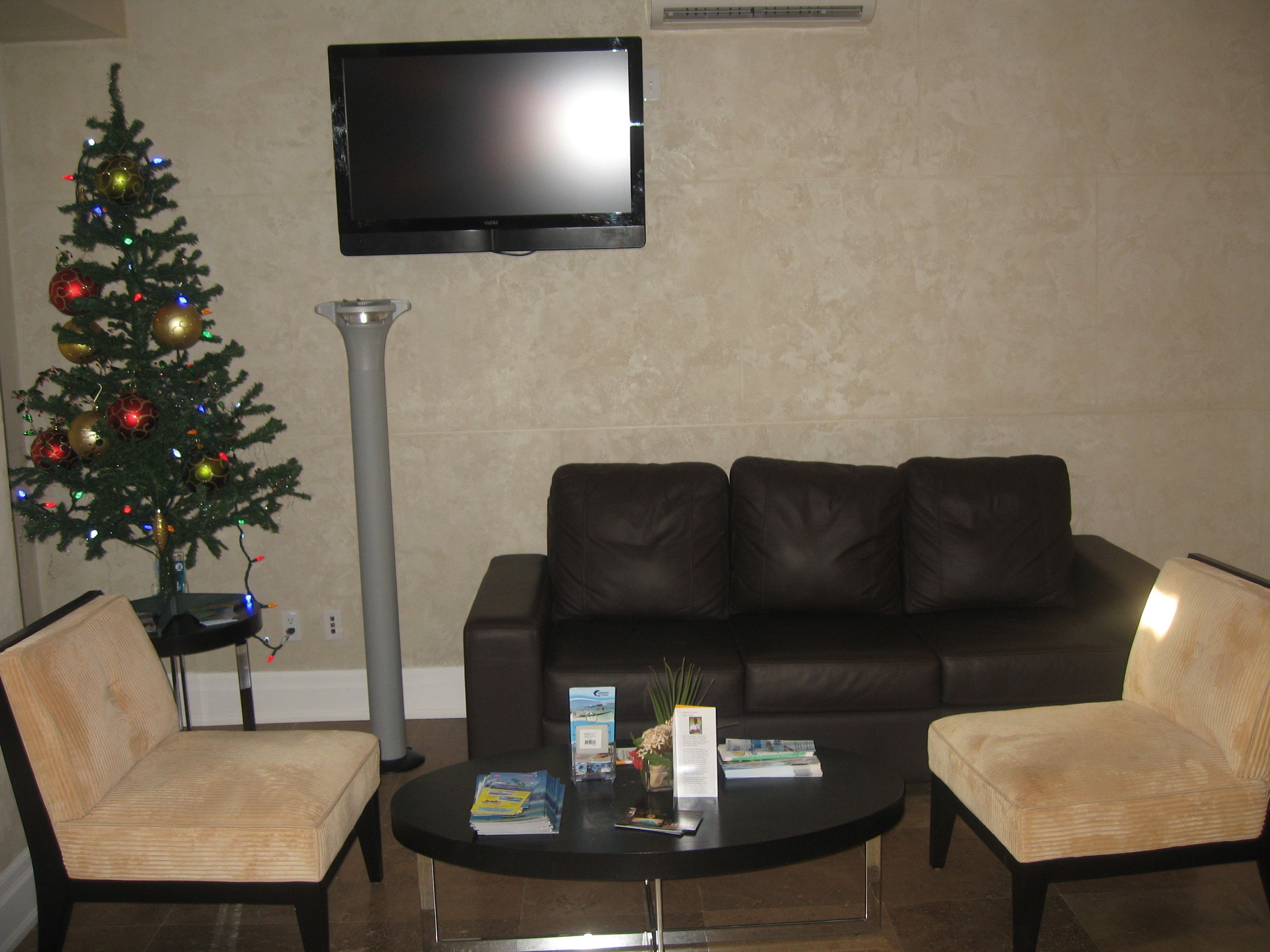 Una sala de estar con un árbol de Navidad, un televisor de pantalla plana, un sofá y dos sillones.