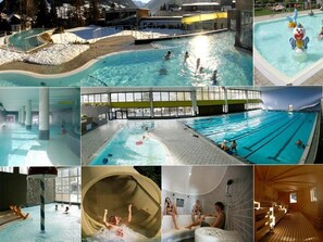 Ein Ensemble von Hallenbadanlagen mit verschiedenen Ausstattungsmerkmalen, darunter Wasserrutschen, getrennte Schwimmbereiche und Liegebereiche.