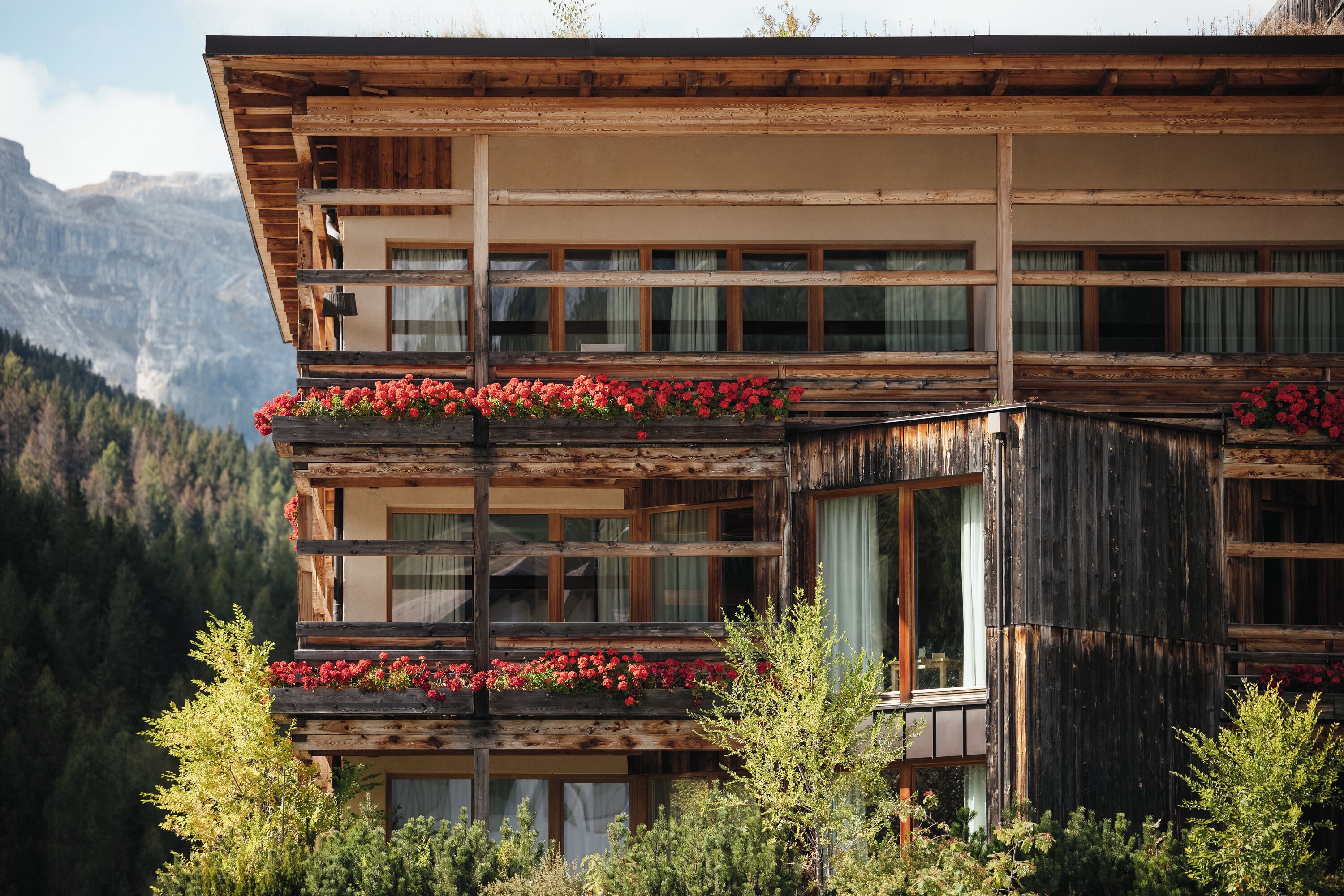 Un chalet en bois doté de balcons ornés de fleurs rouges, situé dans un cadre montagneux.