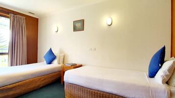 Habitación de hotel con dos camas individuales, cabecero de madera, mesita de noche y un cuadro enmarcado en la pared, además de una ventana con cortinas.