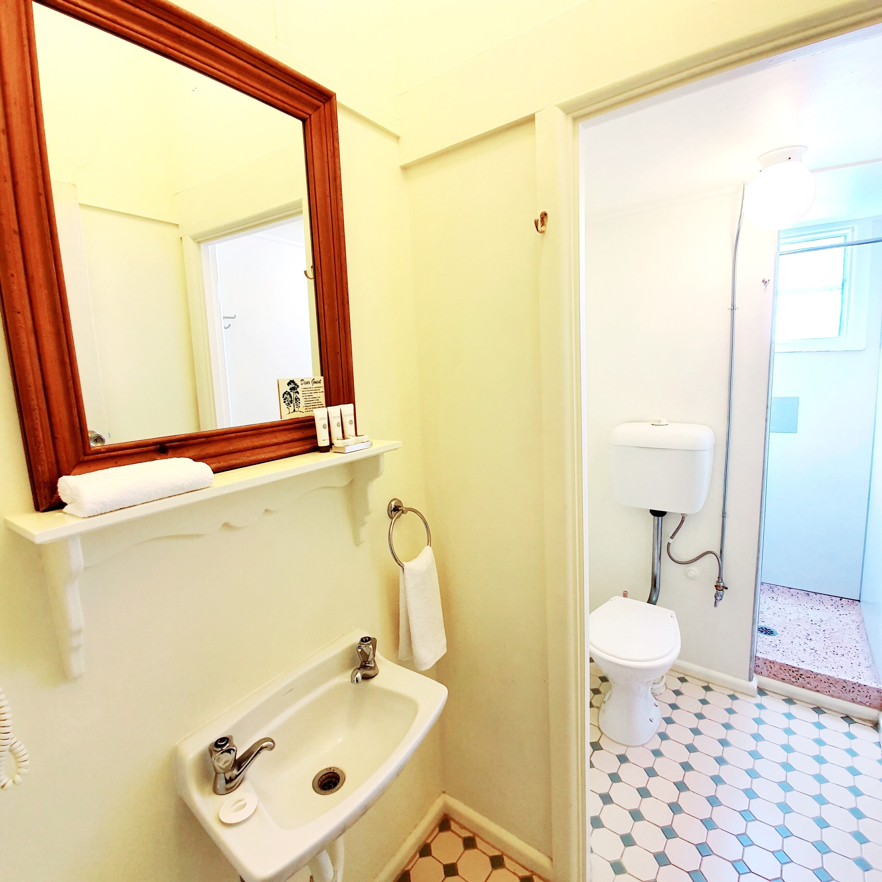 A bathroom with a sink, mirror, towel rack, toilet, and shower.