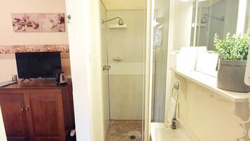 Baño con ducha, lavabo y espejo. Un televisor sobre un mueble a la izquierda.