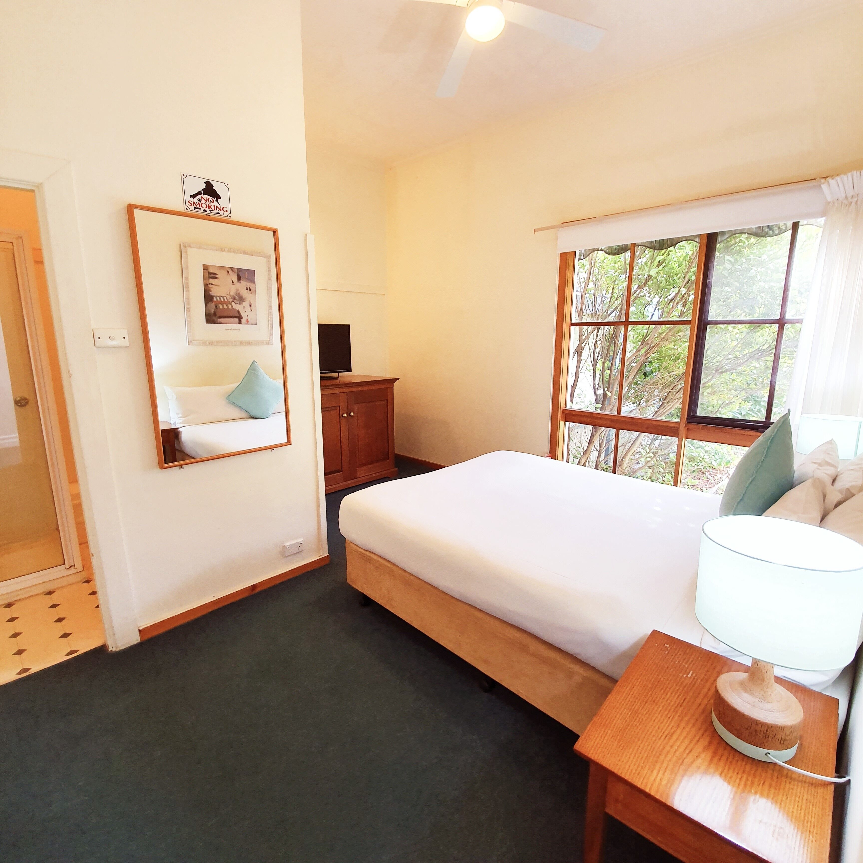 A hotel room with a bed, a bedside table with a lamp, a TV, a framed picture on the wall, and a window with a view of trees.