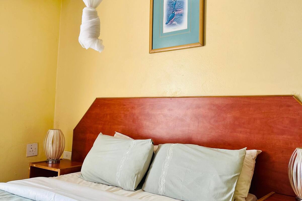 Une chambre d’hôtel avec un lit, une table de chevet, une lampe de chevet, un tableau encadré au mur et un ventilateur de plafond.