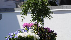A large black planter with a variety of flowers and a small tree on a sidewalk. - Hotel Coco Aps (Esbjerg)