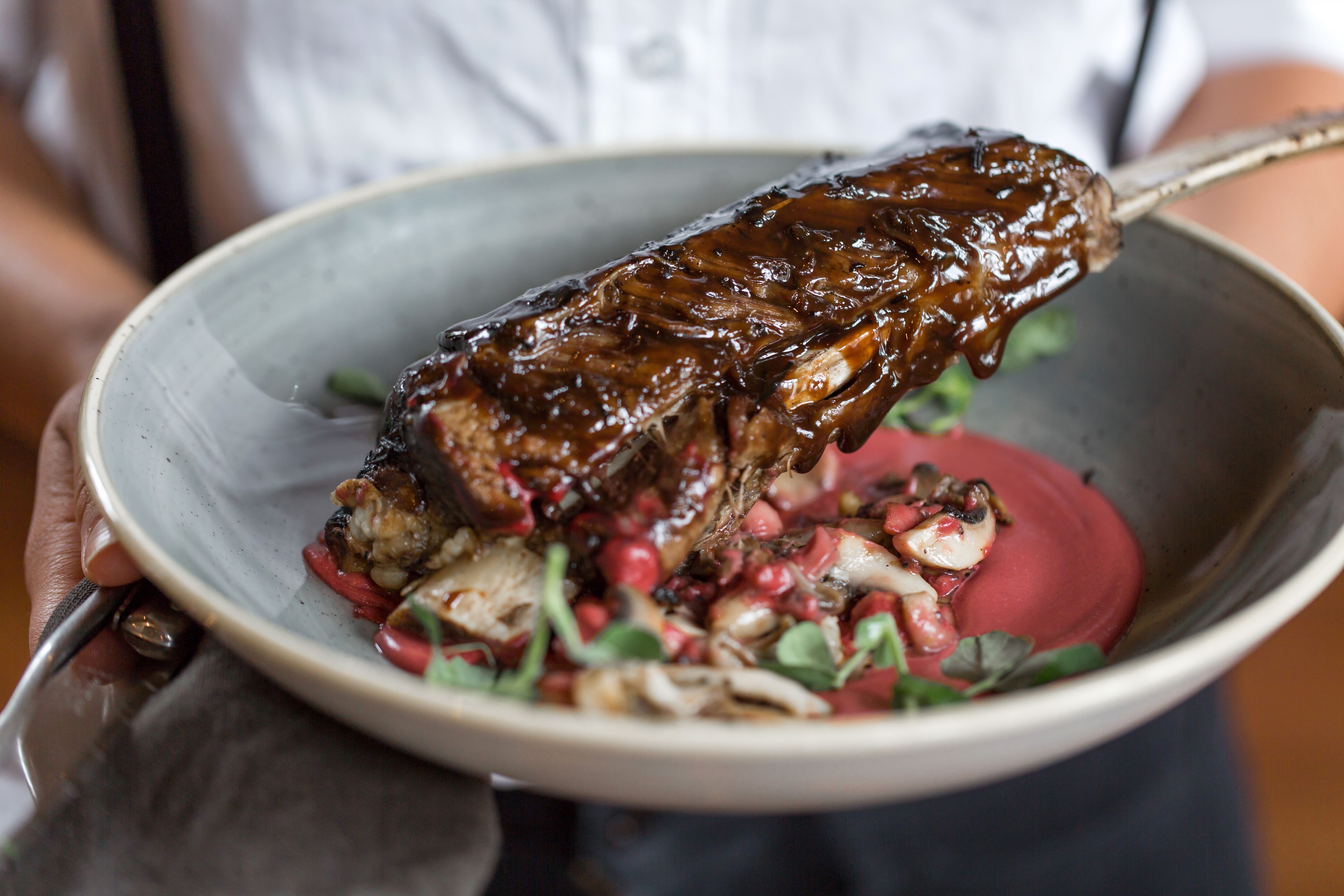 A person holding a bowl with a skewered meat dish, garnished with greens and pomegranate seeds.