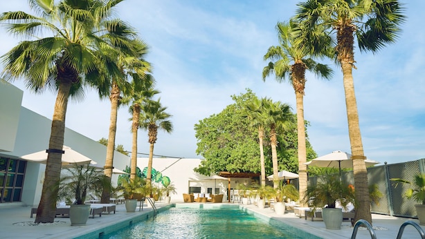 A pool area with palm trees, lounge chairs, and umbrellas. - Palmyard Hotel (Manama)