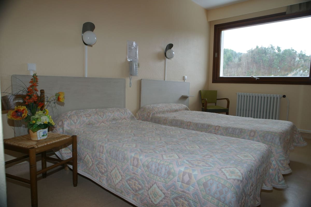 A hotel room with two beds, a small table with a vase of flowers, a chair, a window with a view of trees, and a wall-mounted telephone.