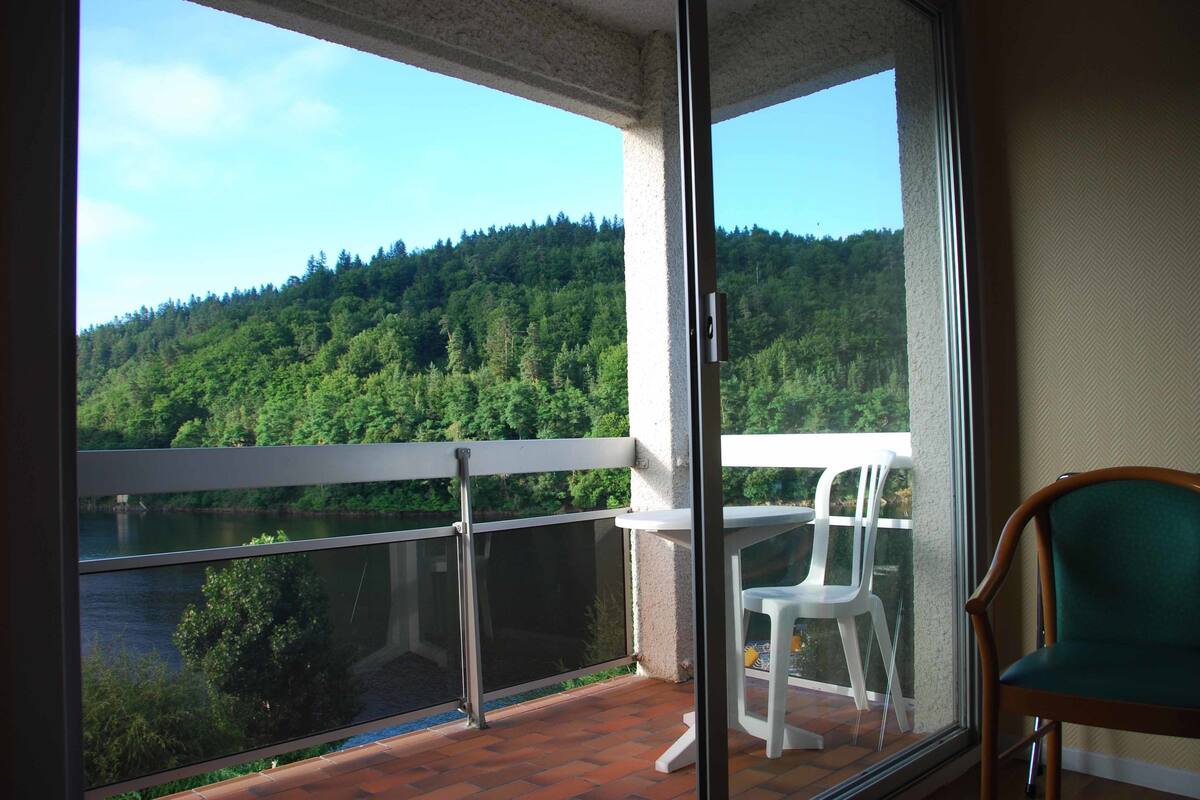 A balcony with a view of a forested hillside and a body of water.